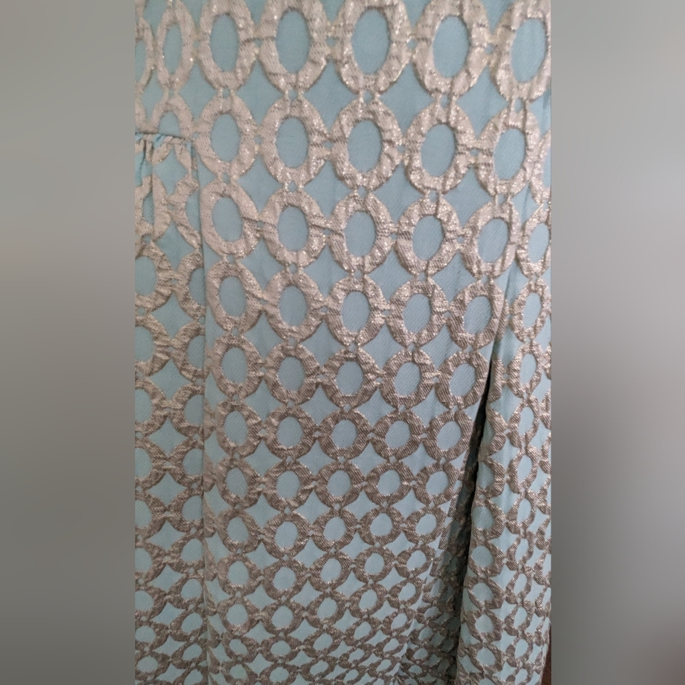 LAUREN Ralph Lauren semi-formal Dress Blue Silver brocade geometric 10 - Picture 4 of 8